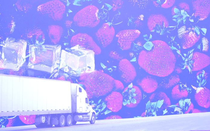 A truck on a background of strawberries and ice cubes